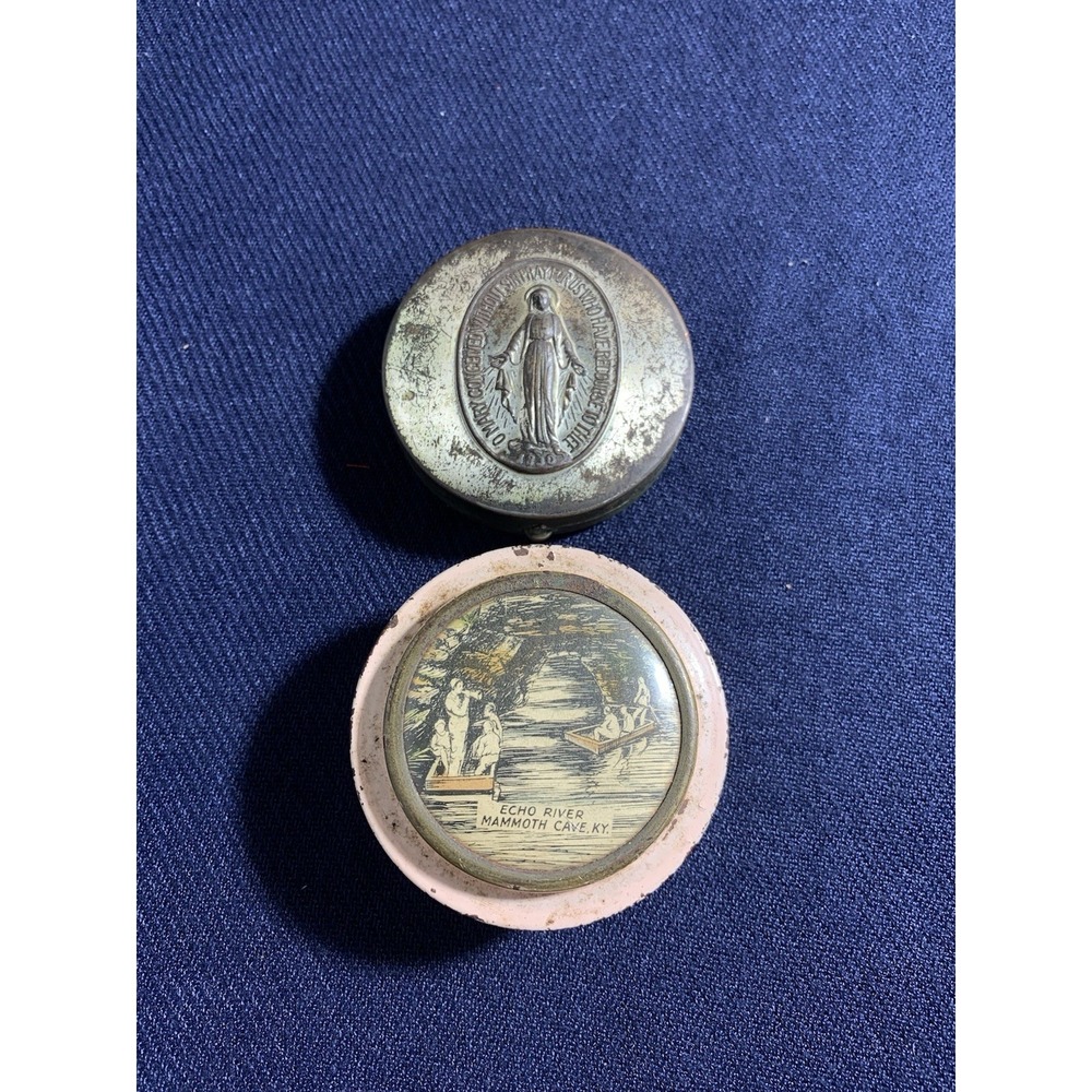 Vintage brass Virgin Mary rosary case and Tin Box